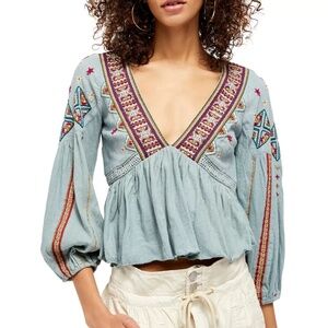 Free People Aria Boho Embroidered Crochet V-Neck Top